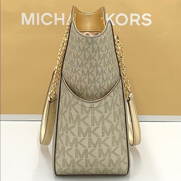 MICHAEL KORS LG X CHAIN SHOULDER TOTE & Lg Double Zip Wallet PALE GOLD SIGNTR - Picture 8 of 16
